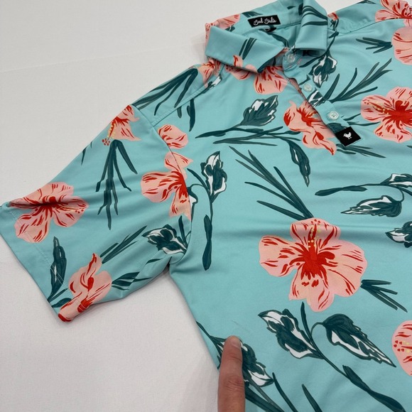 Bad Birdie Golf Polo Shirt‎ Mens Medium Floral Green Beach Tropical Flowers - Picture 9 of 9